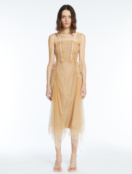 Tulle dress with drawstring and flounces