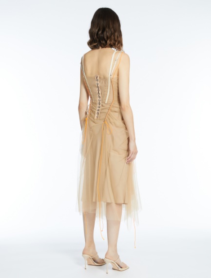 Tulle dress with drawstring and flounces