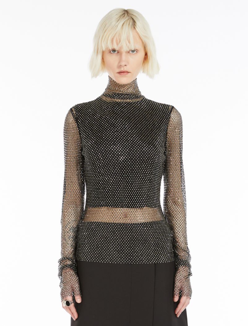 Rhinestone mesh mock polo-neck sweater - BLACK - Sportmax