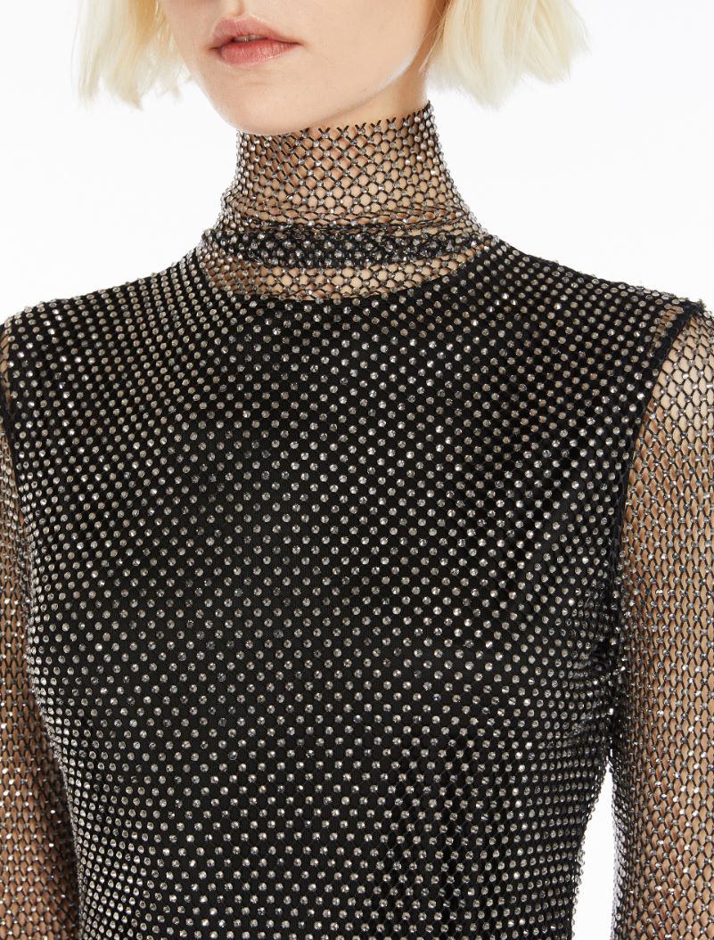 Rhinestone mesh mock polo-neck sweater - BLACK - Sportmax