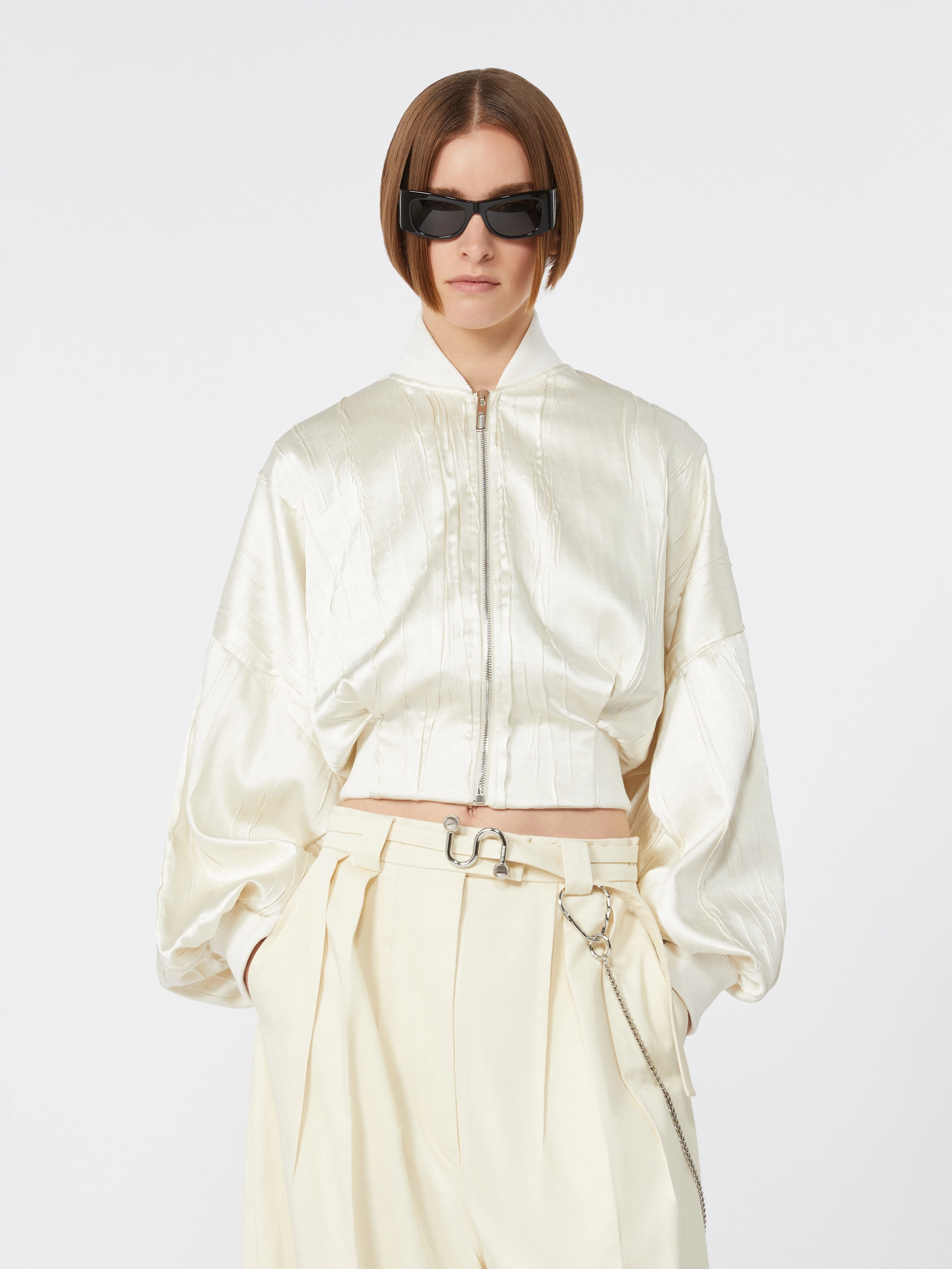Plissé-pleated satin bomber jacket - IVORY - Sportmax - 4