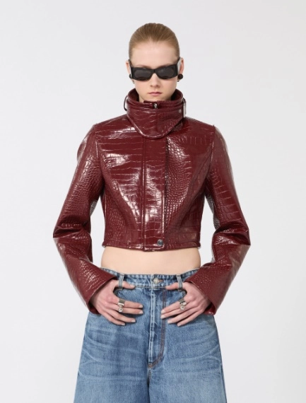 Patent leather cropped jacket with alligator print - DARK RED - Sportmax