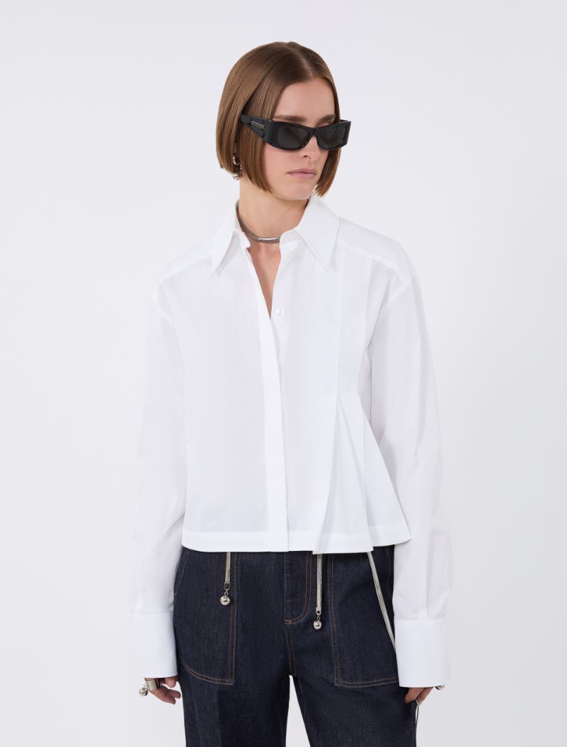 Cropped poplin shirt with asymmetrical pleats - OPTICAL WHITE - Sportmax - 4