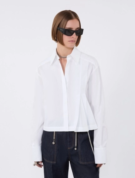 Cropped poplin shirt with asymmetrical pleats - OPTICAL WHITE - Sportmax
