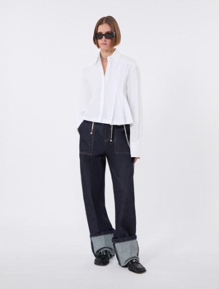 Cropped poplin shirt with asymmetrical pleats - OPTICAL WHITE - Sportmax