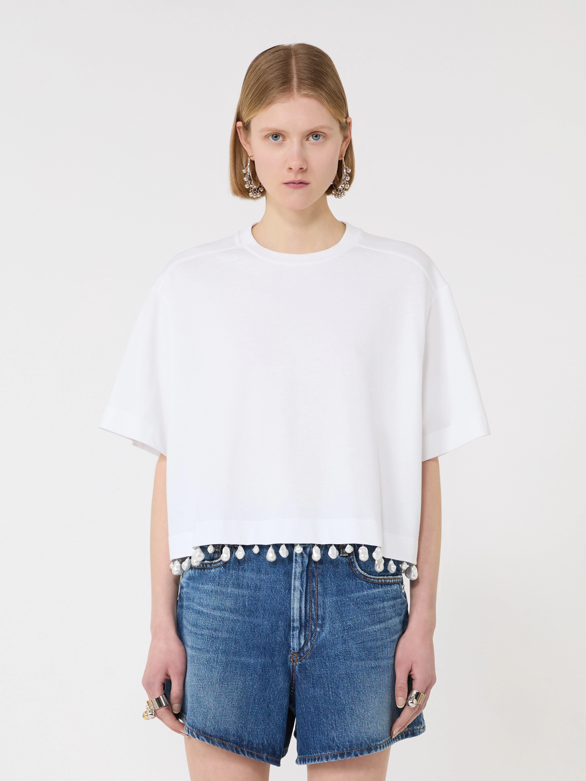 Pearl-embroidered cropped T-shirt - OPTICAL WHITE - Sportmax - 2