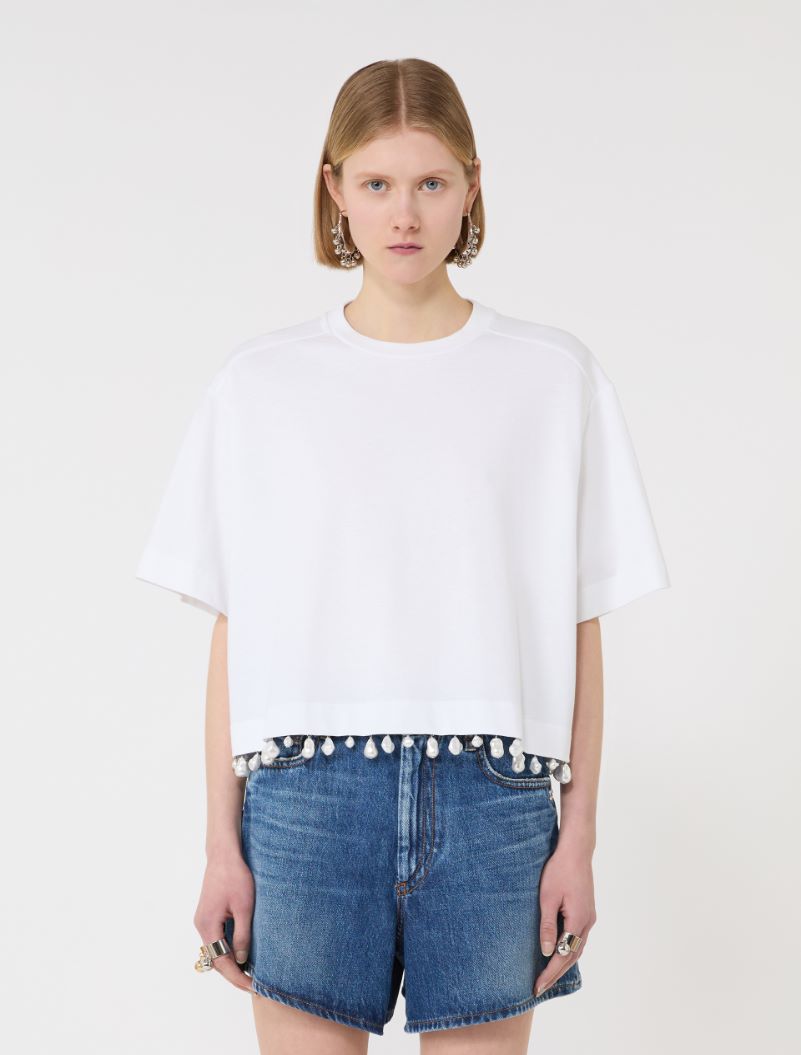 Pearl-embroidered cropped T-shirt - OPTICAL WHITE - Sportmax - 2
