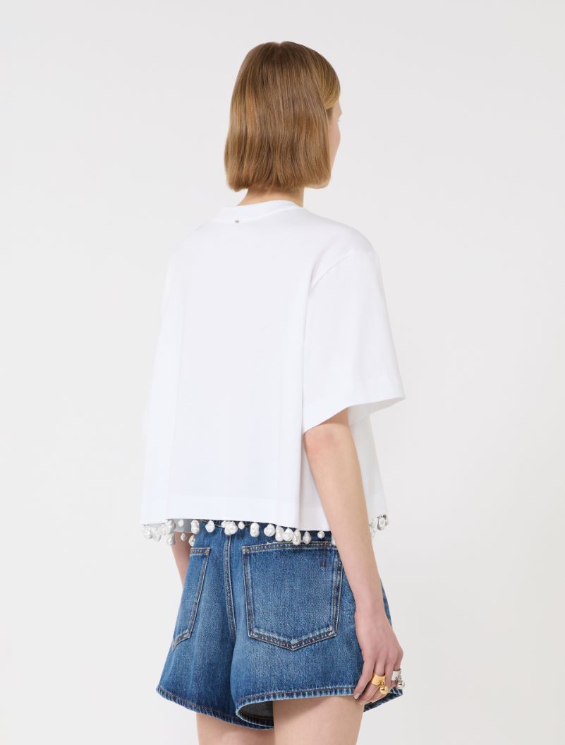 Pearl-embroidered cropped T-shirt - OPTICAL WHITE - Sportmax - 3