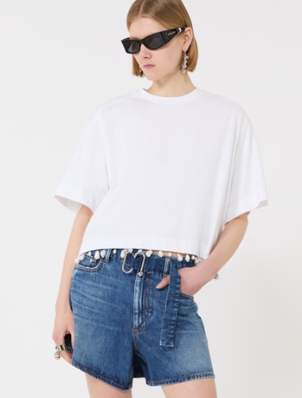 Pearl-embroidered cropped T-shirt - OPTICAL WHITE - Sportmax