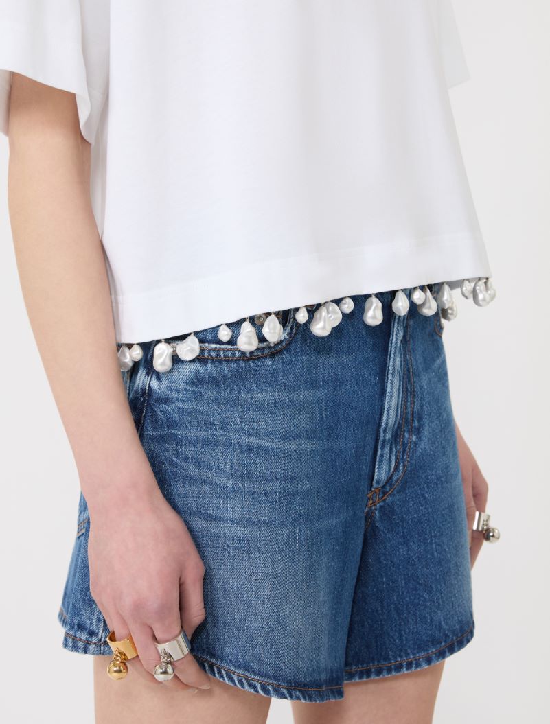 Pearl-embroidered cropped T-shirt - OPTICAL WHITE - Sportmax - 5