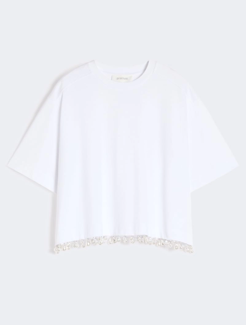 Pearl-embroidered cropped T-shirt - OPTICAL WHITE - Sportmax - 7