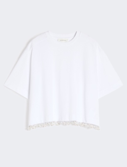 Pearl-embroidered cropped T-shirt - OPTICAL WHITE - Sportmax