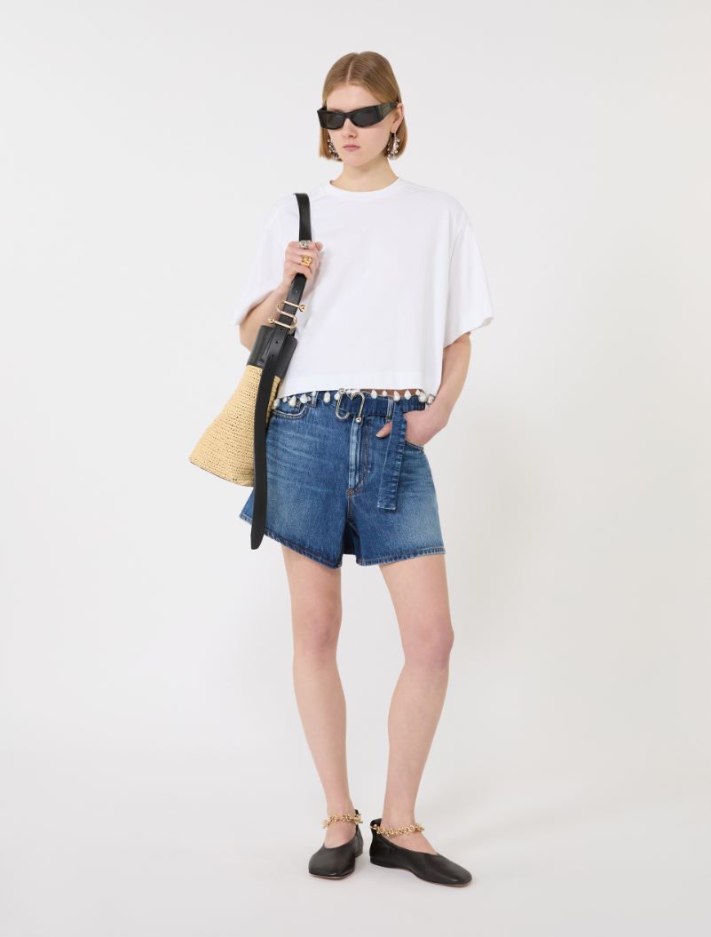 Pearl-embroidered cropped T-shirt - OPTICAL WHITE - Sportmax