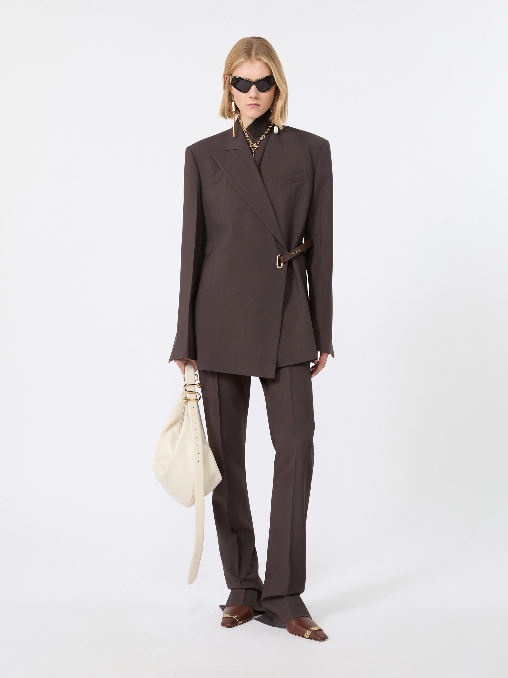 Tailored viscose blazer with leather belt detail - CHOCOLATE - Sportmax