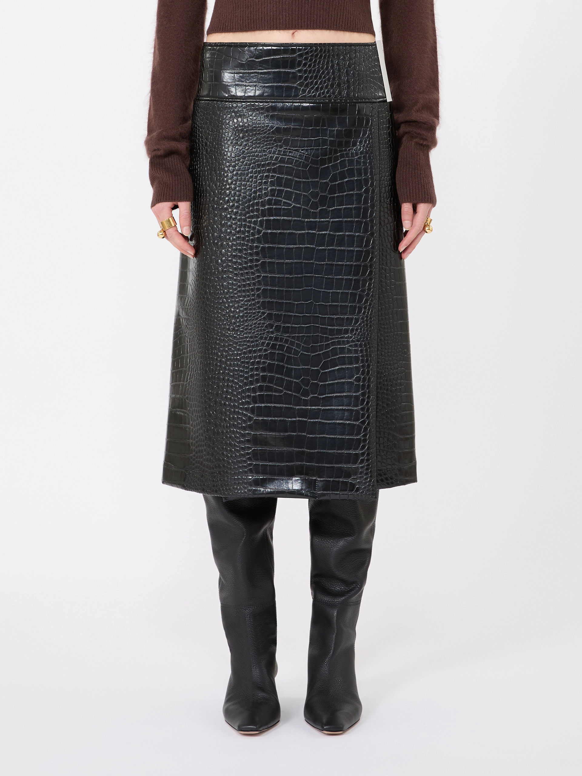 Calf-length skirt in crocodile-print patent leather - BLACK - Sportmax - 2