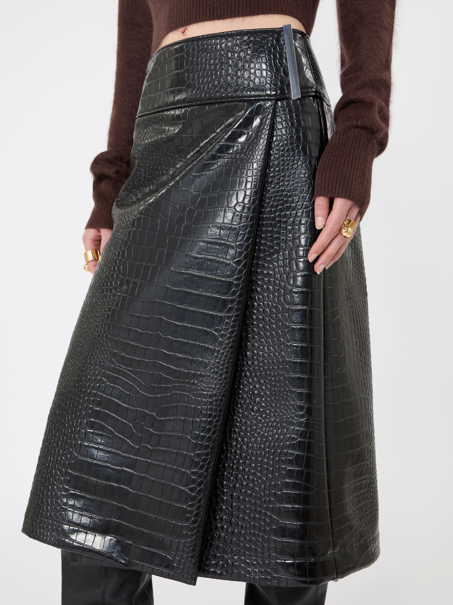 Calf-length skirt in crocodile-print patent leather - BLACK - Sportmax - 4