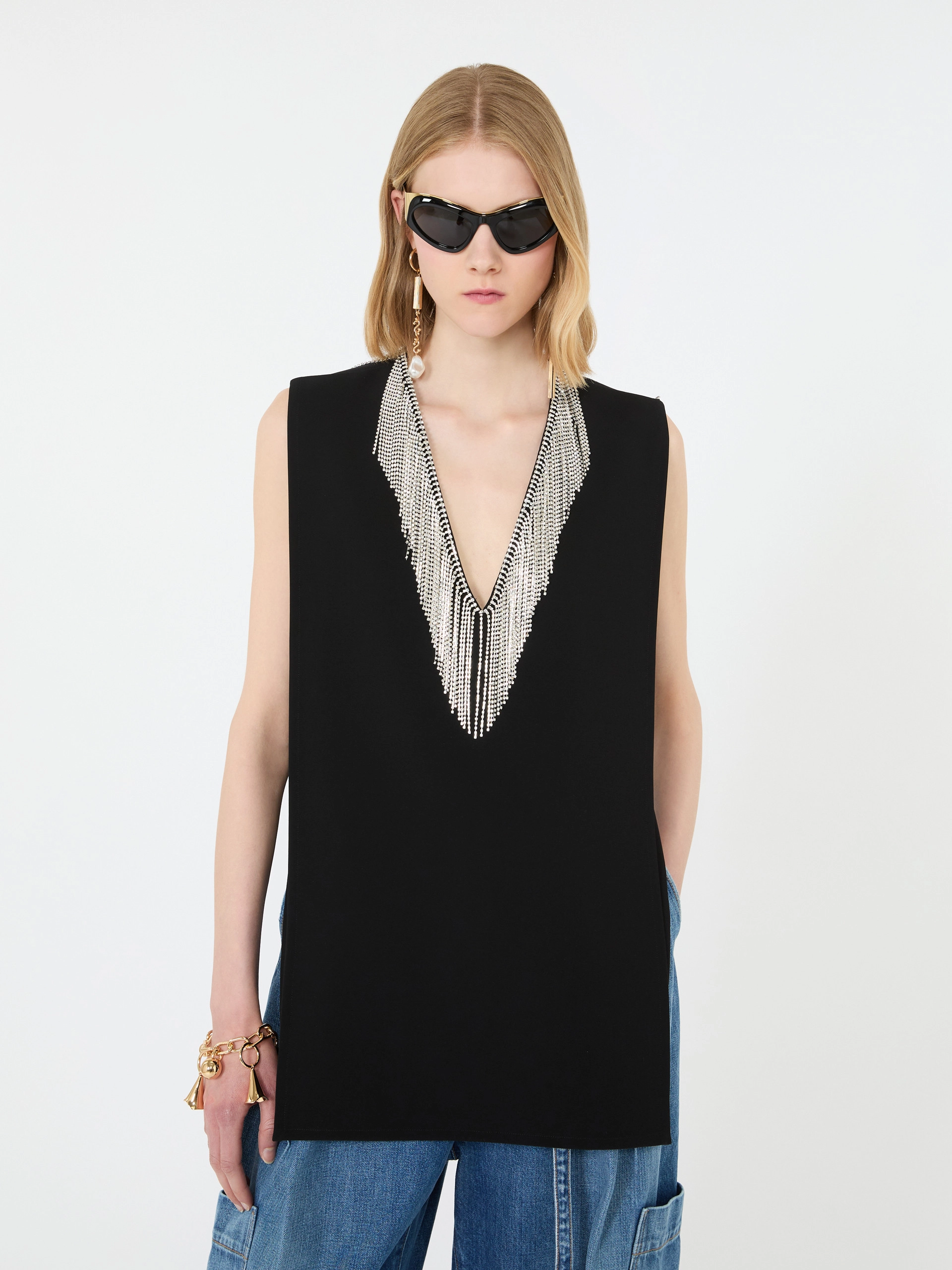 Rhinestone-detail sleeveless cady top - BLACK - Sportmax - 4