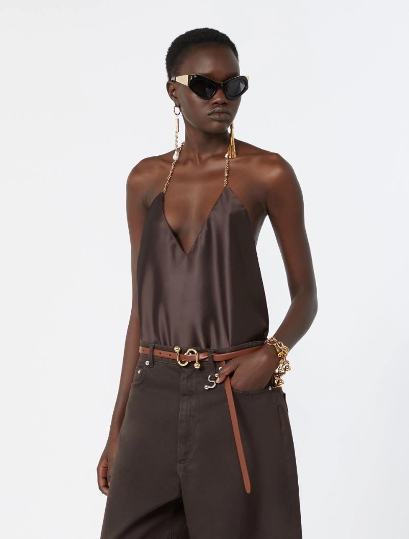 Straight-fit shiny satin top - CHOCOLATE - Sportmax - 4