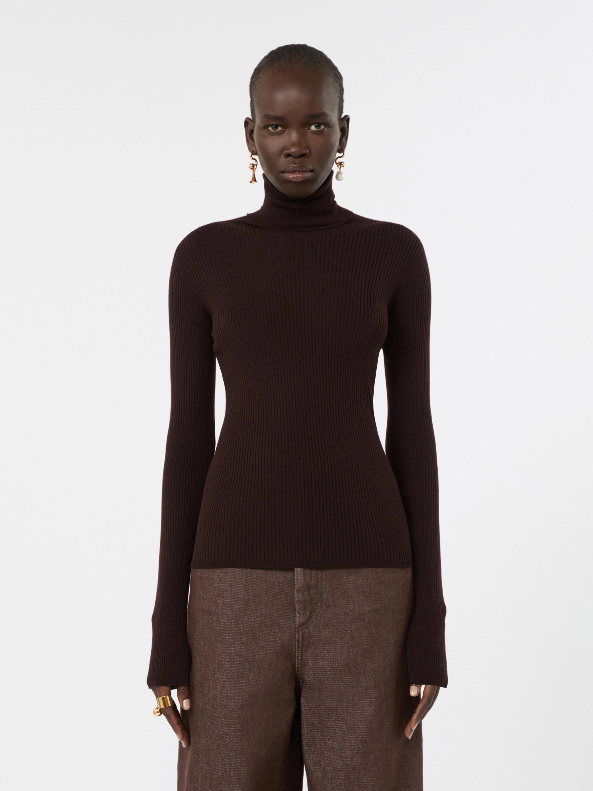 Slim pure wool mock polo-neck sweater - CHOCOLATE - Sportmax - 2