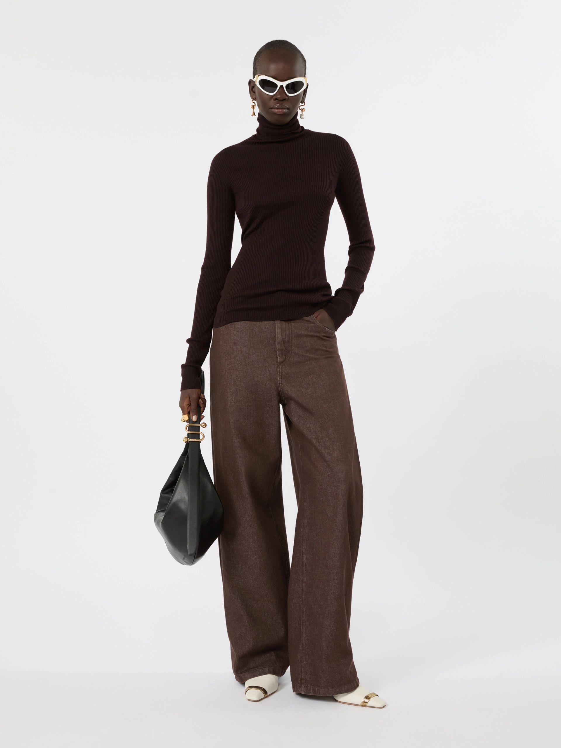 Slim pure wool mock polo-neck sweater - CHOCOLATE - Sportmax