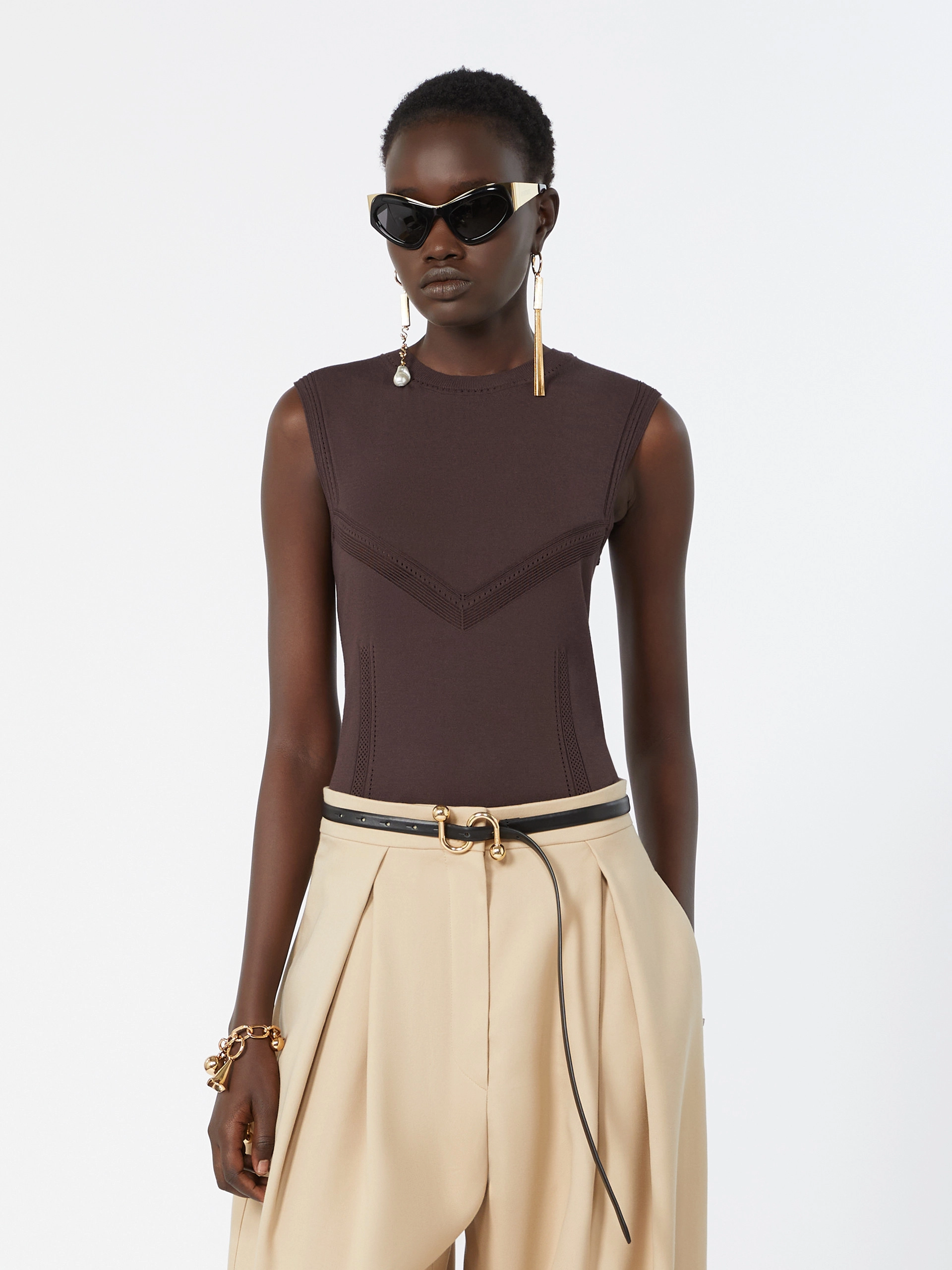 Trompe l’oeil-look viscose top - CHOCOLATE - Sportmax - 4