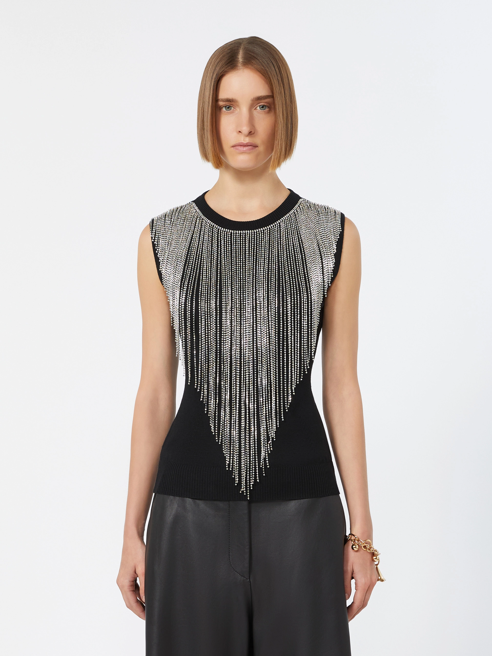 Wool top with bejewelled fringe detail - BLACK - Sportmax - 2