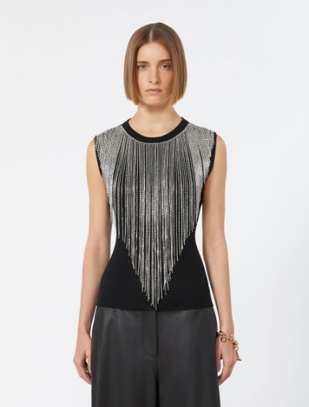 Wool top with bejewelled fringe detail - BLACK - Sportmax - 2