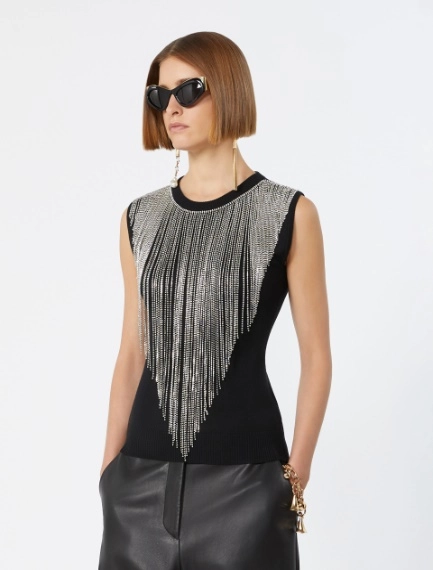 Wool top with bejewelled fringe detail - BLACK - Sportmax