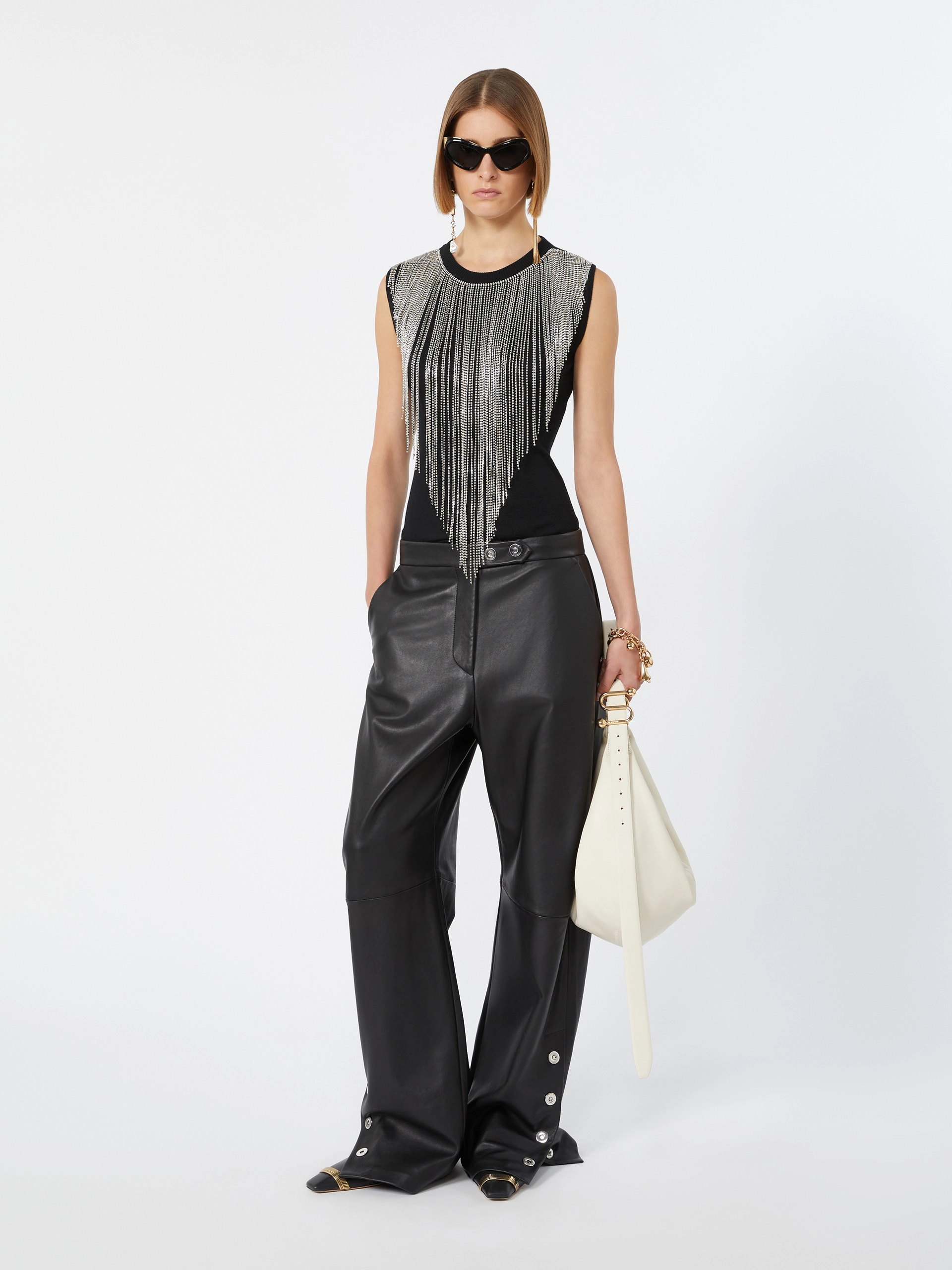 Wool top with bejewelled fringe detail - BLACK - Sportmax