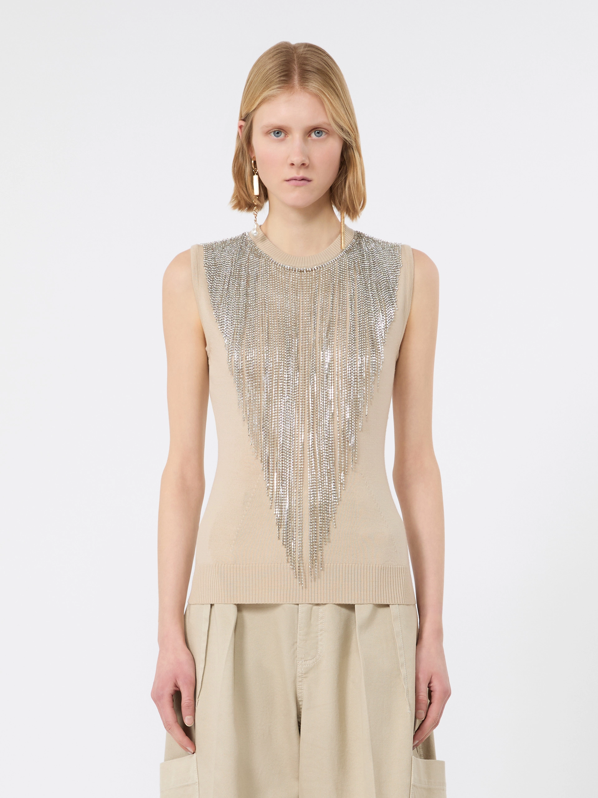 Wool top with bejewelled fringe detail - BEIGE - Sportmax - 2