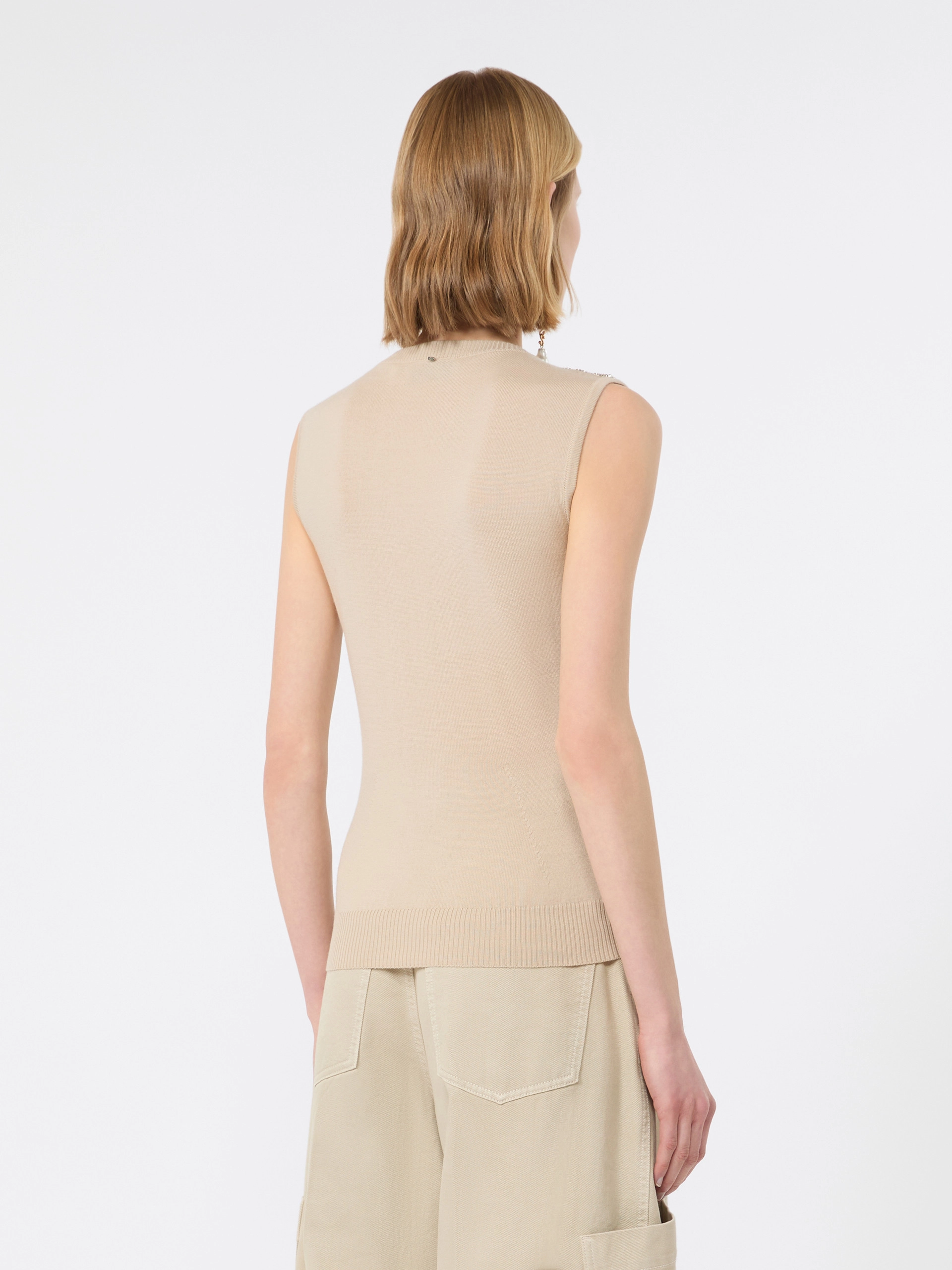 Wool top with bejewelled fringe detail - BEIGE - Sportmax - 3