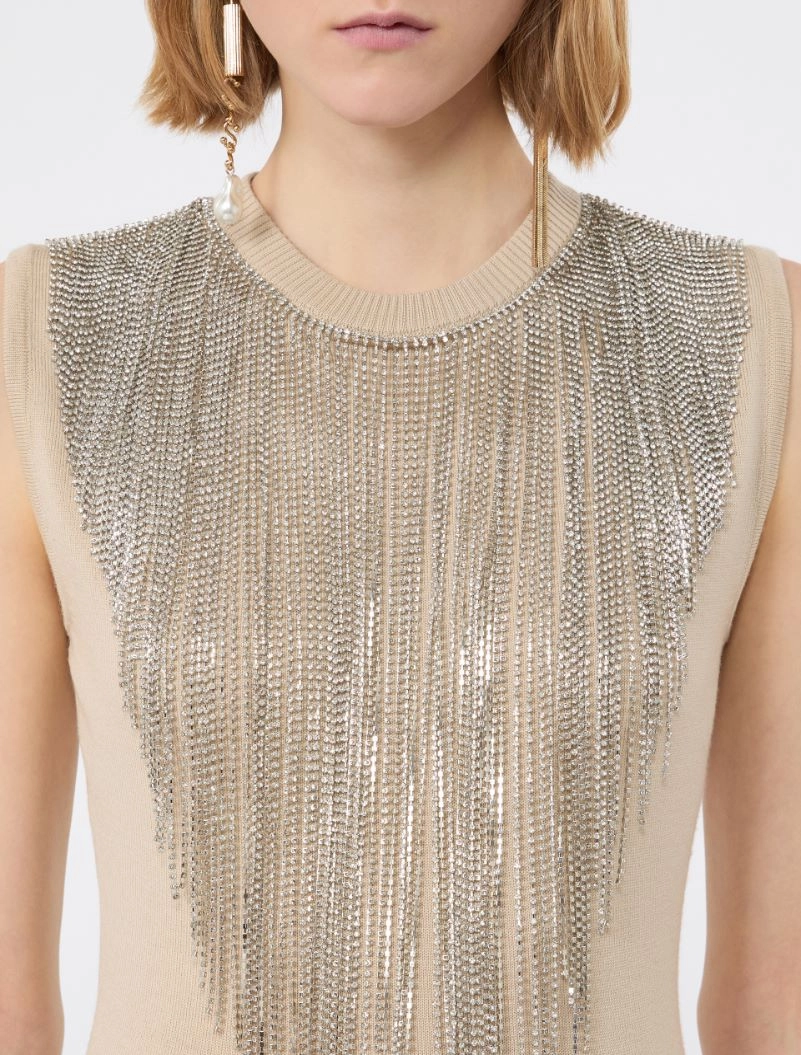 Wool top with bejewelled fringe detail - BEIGE - Sportmax - 5