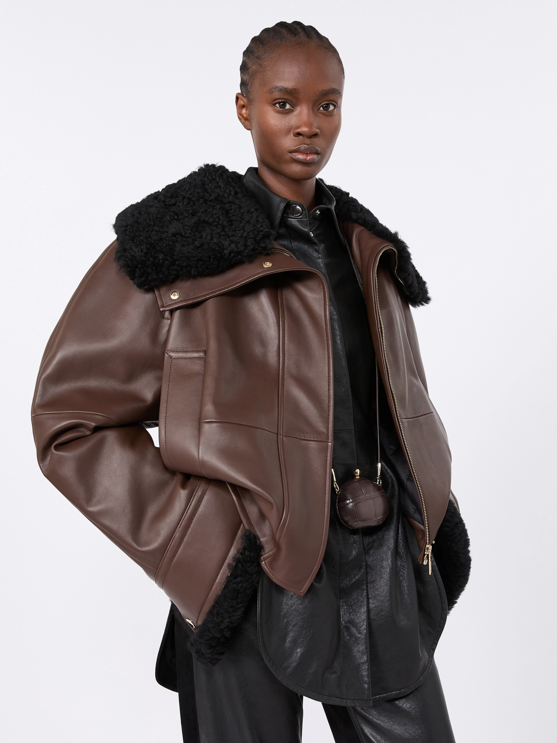Short padded leather jacket - COFFEE - Sportmax - 4