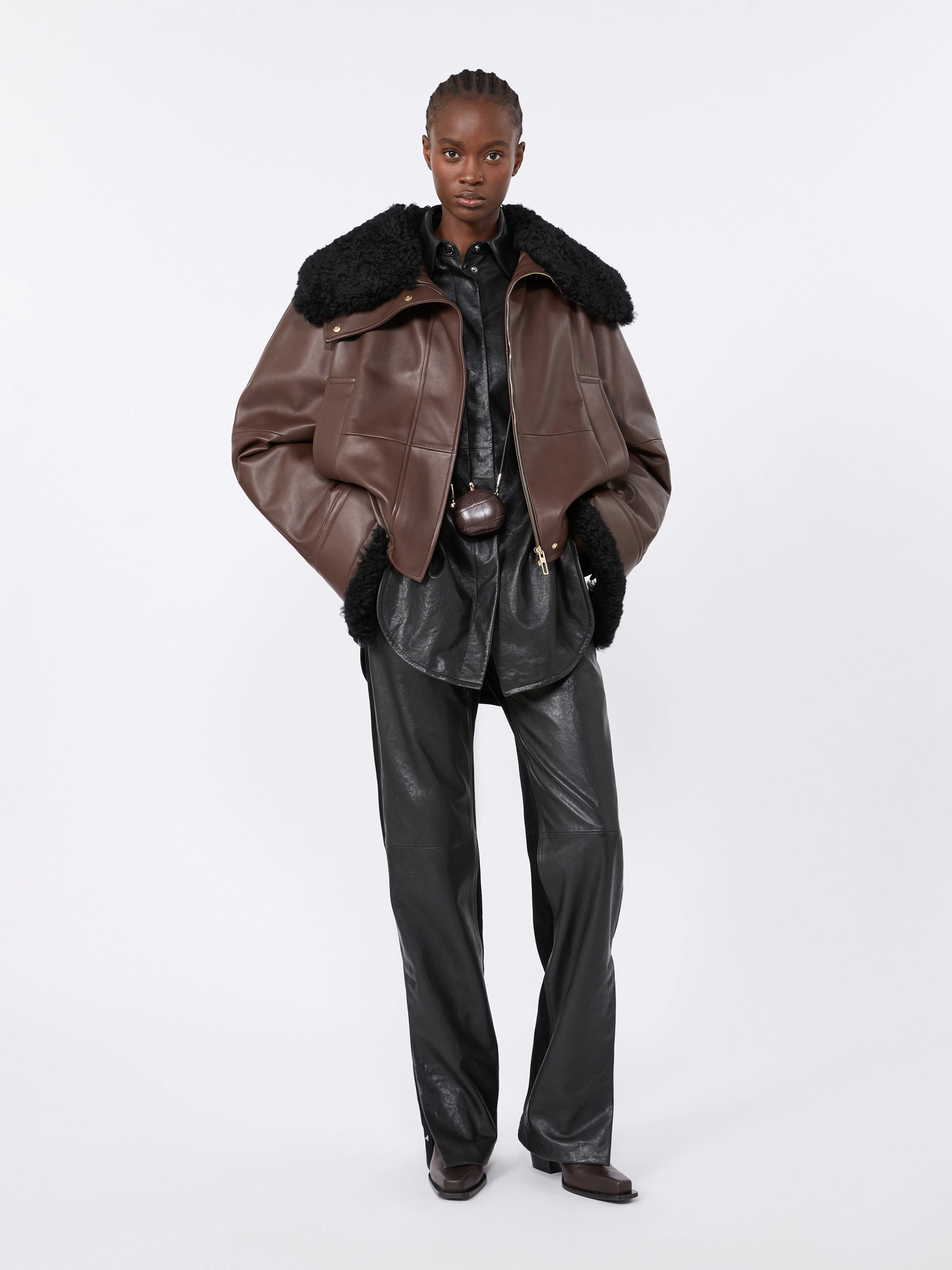 Short padded leather jacket - COFFEE - Sportmax