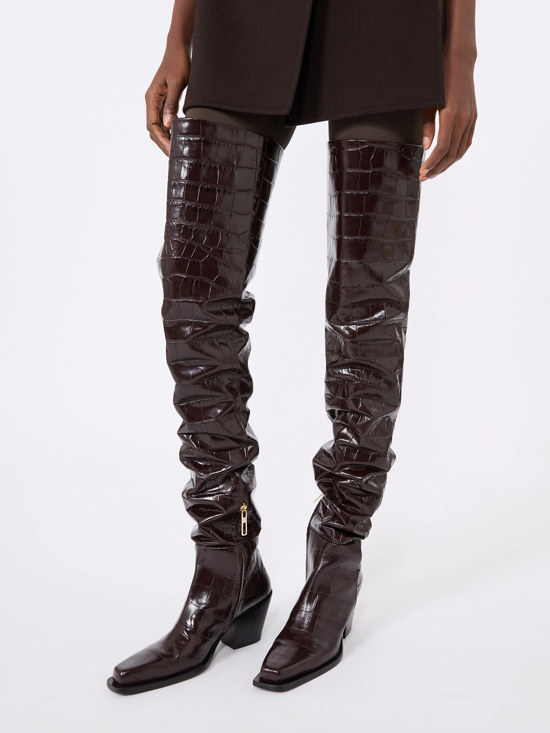 Crocodile-print calfskin thigh-high cowboy boots - BROWN - Sportmax - 6
