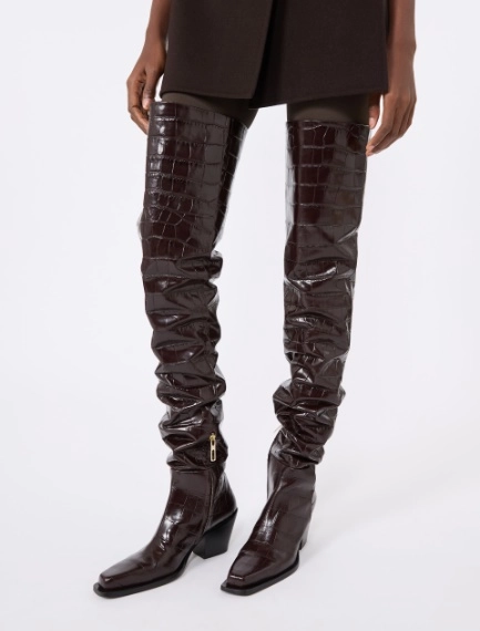 Crocodile-print calfskin thigh-high cowboy boots - BROWN - Sportmax - 6