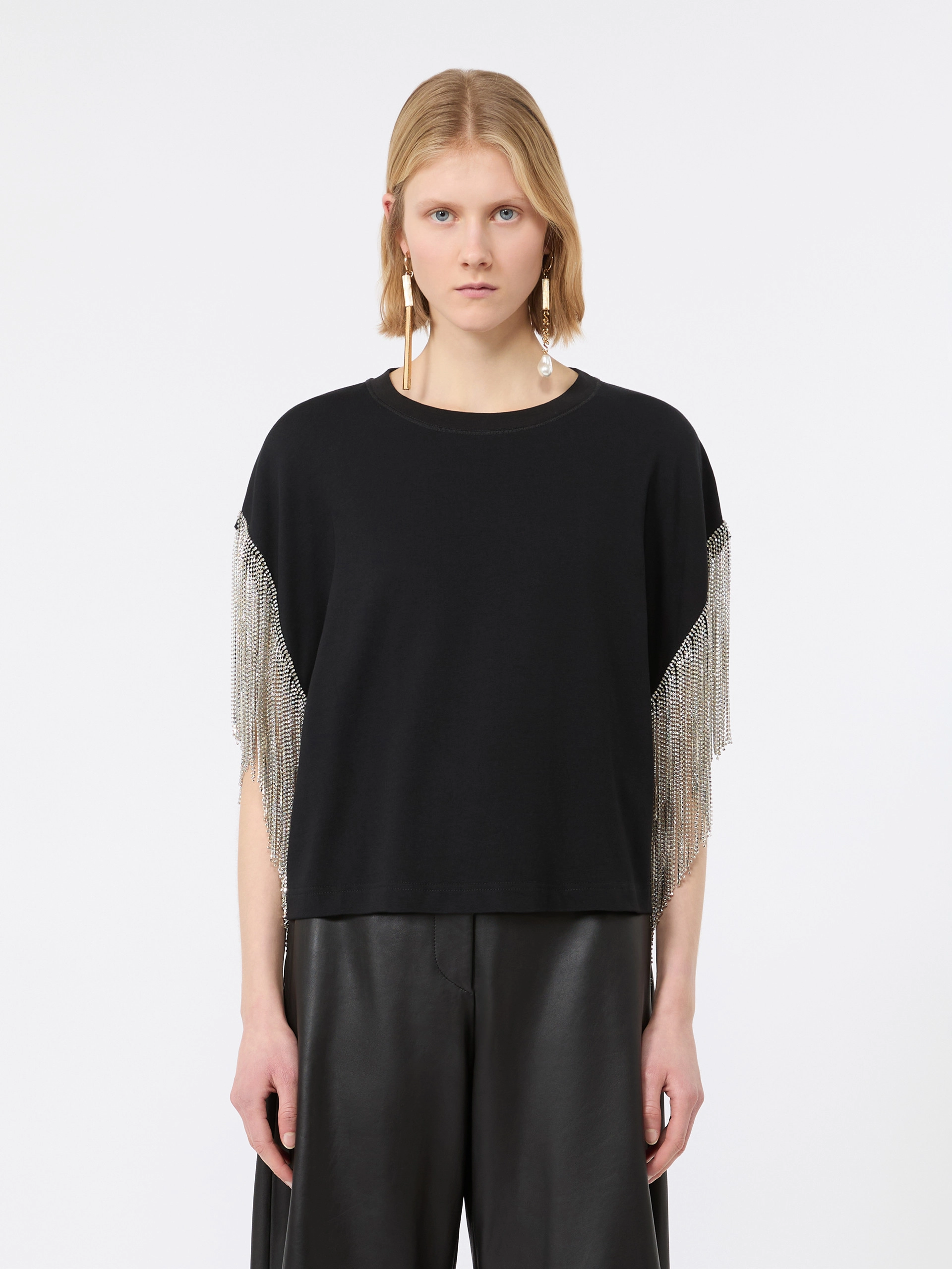Rhinestone fringe-adorned cotton boxy T-shirt - BLACK - Sportmax - 2