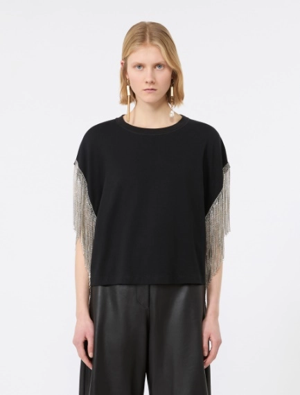 Rhinestone fringe-adorned cotton boxy T-shirt - BLACK - Sportmax - 2