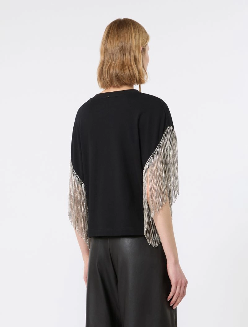 Rhinestone fringe-adorned cotton boxy T-shirt - BLACK - Sportmax - 3