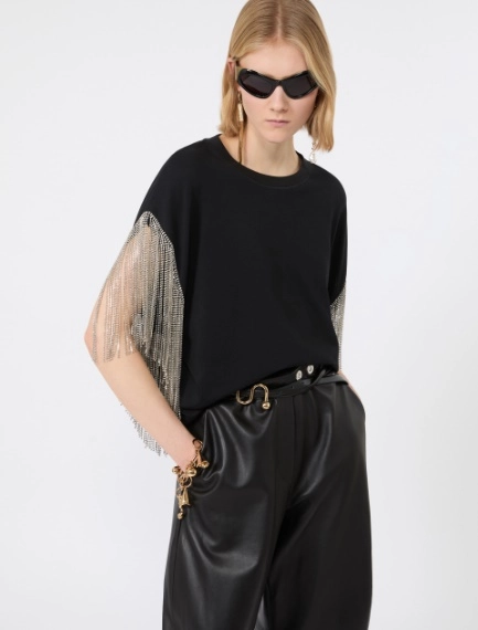Rhinestone fringe-adorned cotton boxy T-shirt - BLACK - Sportmax