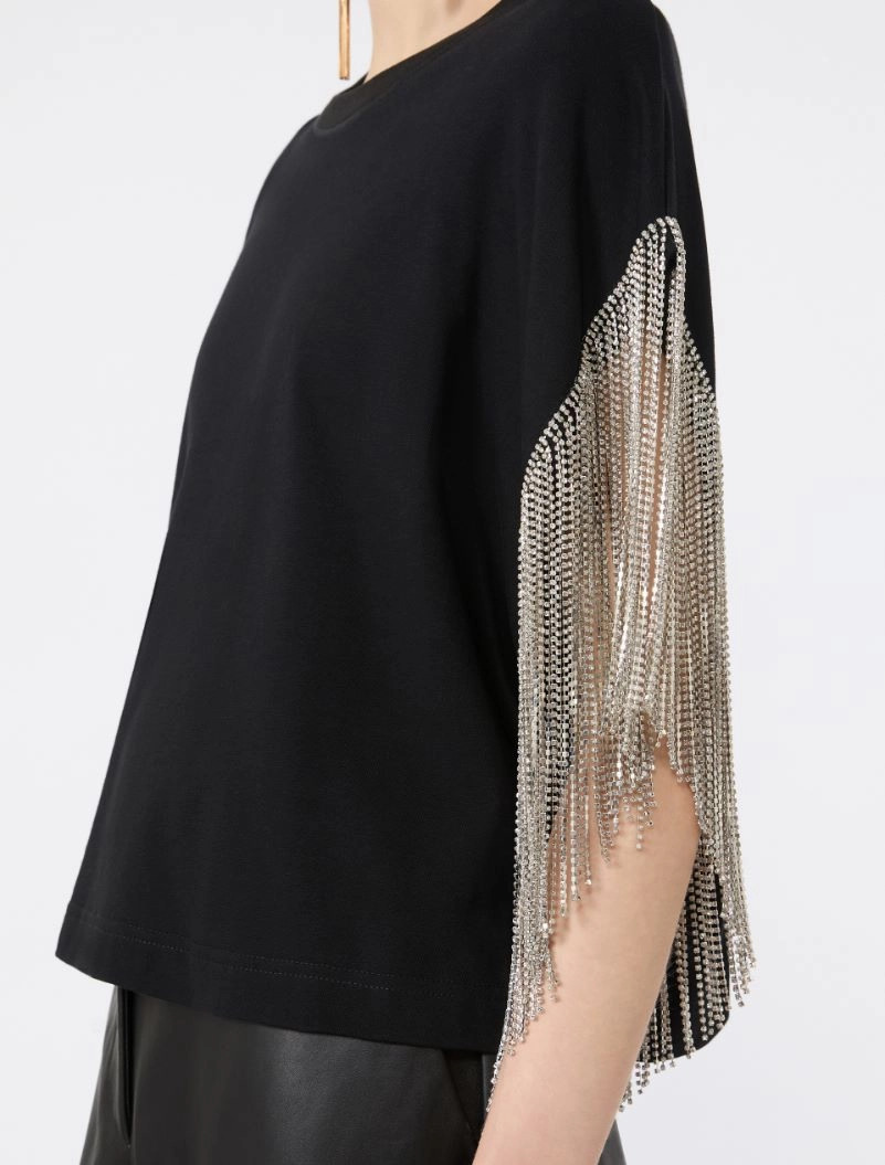 Rhinestone fringe-adorned cotton boxy T-shirt - BLACK - Sportmax - 5