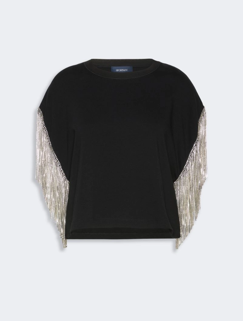 Rhinestone fringe-adorned cotton boxy T-shirt - BLACK - Sportmax - 7