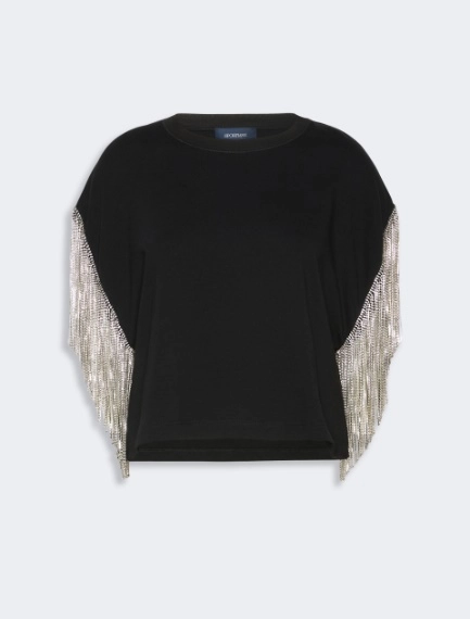 Rhinestone fringe-adorned cotton boxy T-shirt - BLACK - Sportmax - 7