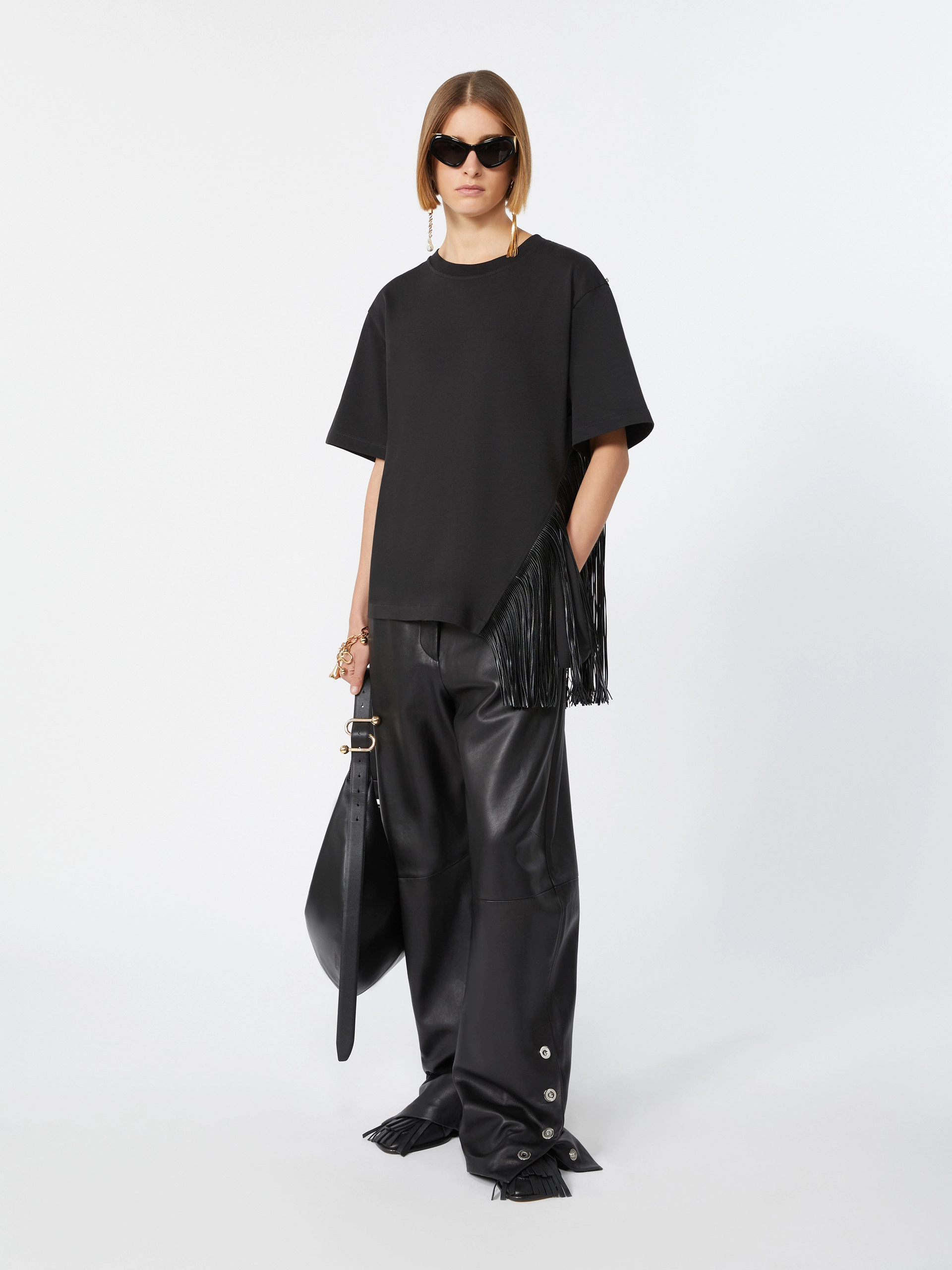 Fringed cotton T-shirt - BLACK - Sportmax